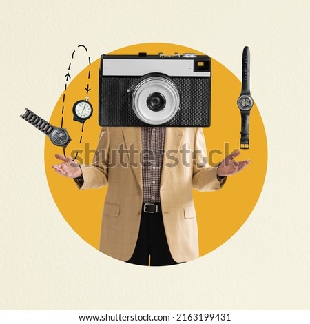 Contemporary art collage. Man in stylish vintage suit with retro camera head isolated on yellow background. Watches element. Time for art. Concept of surrealism, creativity, inspiration. Retro design