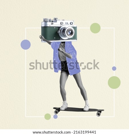Contemporary art collage. Stylish young girl with retro camera head moving on skate. Reaching goals. Vintage style. Concept of surrealism, creativity, inspiration. Modern artwork. Youth culture Royalty-Free Stock Photo #2163199441