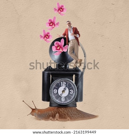 Contemporary art collage. Stylish brutal man standing on vintage camera isolated over beige background. Camera standing on snail symbolizing time travelling. Combination of modernity and past
