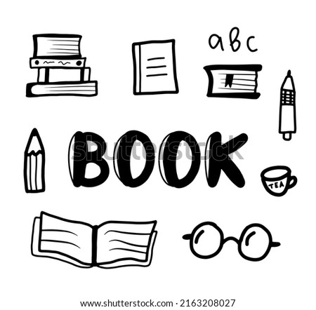 Book isolated on white vector icon set, doodle graphic design element. Hand drawn school education clip art. Reading hobby, library conceptual illustration.