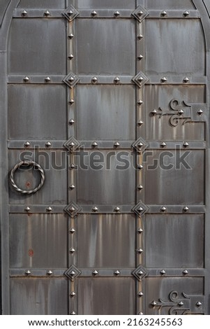 An old metal door, forged gates, rivets on the facade of a cast-iron door, a round handle to open the door, the texture of old iron. High quality photo