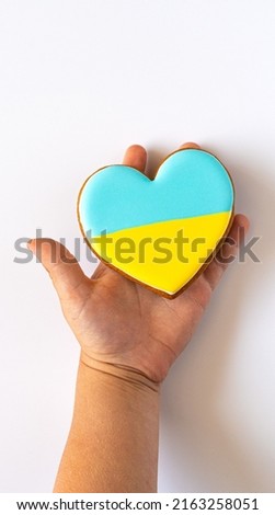 Kids hand with Heart shape ukrainian colours blue and yellow national flag gingerbread candy on white background.