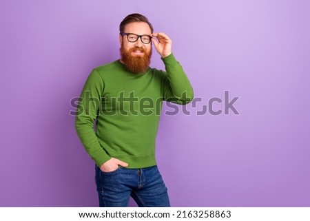 Photo of handsome representative businessman specialist in spectacles isolated on violet color background
