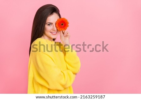 Profile side photo of young cheerful girl cover eye flower fresh natural isolated over pink color background