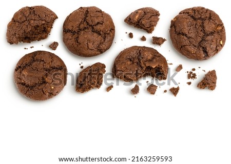 chocolate cookies broken isolated on white background with full depth of field. Top view with copy space for your text. Flat lay Royalty-Free Stock Photo #2163259593
