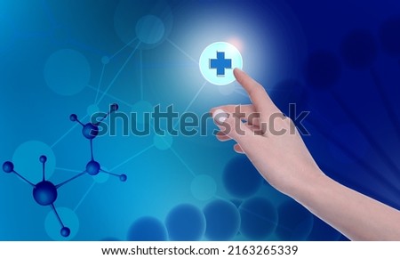 Woman pressing virtual first aid button on blue background, closeup. Emergency help