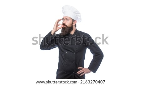 Chef, cook making tasty delicious gesture by kissing fingers. Cook hat. Bearded chef, cooks or baker. Bearded male chefs isolated on white, perfect. Professional chef man showing sign for delicious.