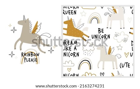 Vector color hand-drawn seamless repeating childish pattern with cute unicorns in Scandinavian style on a white background. Kids texture for fabric, wrapping, textile, wallpaper, apparel. Horse.