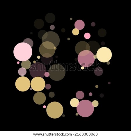 Pink gold confetti circle decoration for New Year banner background. Bokeh lights effect vector. Gold, pink and rose color round confetti dots, circles scatter on black. Minimal bokeh background.