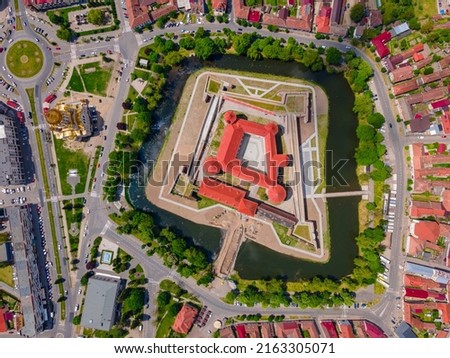 Aerial photography of the Citadel of Fagaras, in Brasov county, Romania. Photography was shot from a drone with camera tilted straight downwards.