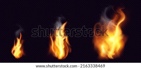 Fire PNG. Realistic Fire Flames with smoke and sparkles transparent on dark background. Burning red wildfire flames set, burn bonfire silhouette and blazing fiery spurts of flame