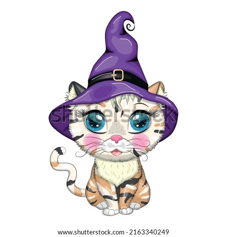 Cartoon cat in purple witch hat with broom, pumpkin, potion. Halloween character, poster. Cute child character, symbol of 2023 new chinese year