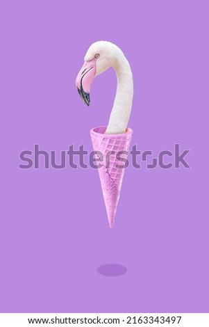 Pink flamingo in an ice cream waffle cone, a symbol of summer and vacation in the tropics by the sea, a trendy collage concept on a purple background.