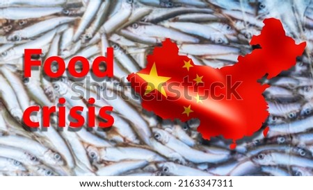 Fish in plastic bag. Silhouette with map of China. Fish industry People's Republic of China. Import of fish from China. Seafood export to PRC. Seafood cultivation industry. Angling in PRC