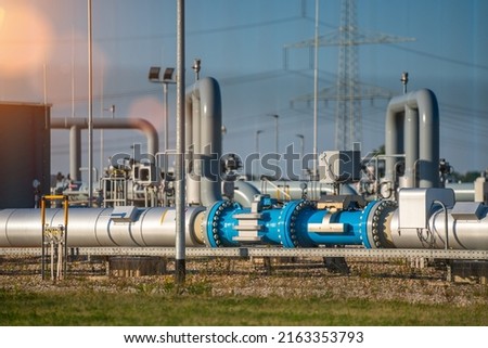 over land gas LNG LPG pipeline system at natural gas station. Royalty-Free Stock Photo #2163353793