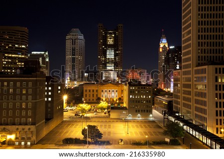 City of Columbus Ohio with the Statehouse in the foreground.  