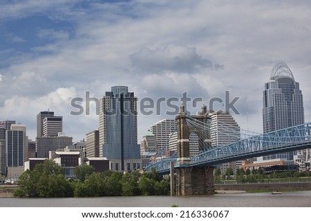 Cincinnati riverfront shot from Kentucky with the John A. Roebling suspension bridge.
