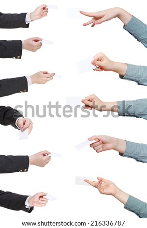 set of businessman hands with visiting cards isolated on white background Royalty-Free Stock Photo #216336787