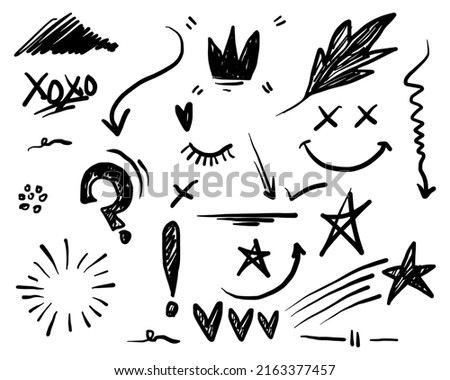 Hand drawn set doodle elements for concept design isolated on white background. Infographic elements. emphasis, curly swishes, swoops, swirl, arrow, heart, leaf, crown, star. vector illustration. 