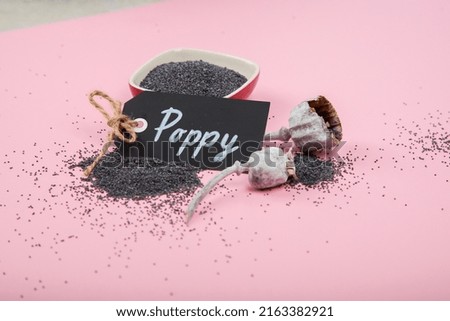 Composition with poppy seeds on pink background. Organic food concept. 