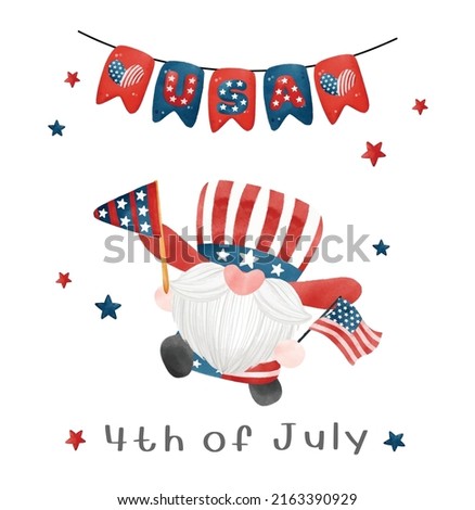 4th of July Gnome Patriotic holding USA flag America Independence day cartoon watercolor illustration vector