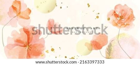 Spring floral in watercolor vector background. Luxury wallpaper design with orange flowers, line art, golden texture. Elegant gold blossom flowers illustration suitable for fabric, prints, cover.
