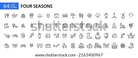 Four seasons icons set. Spring, summer, autumn and winter. Pixel perfect, editable stroke line art icons