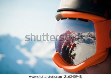 A mountain range reflected in the ski mask