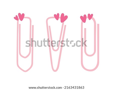 Three cute paper clips with hearts. Vector decorative elements for scrapbooking isolated on white background. Stationery, children's baby paper clips, love element.