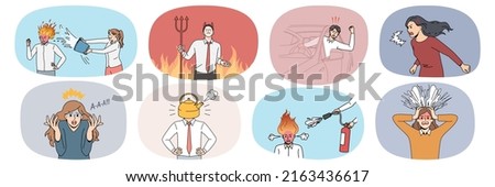 Collection of furious people yell feel distressed in life situations. Set of angry men and women scream and shout show rage and fury. Uncontrollable emotions concept. Vector illustration.  Royalty-Free Stock Photo #2163436617