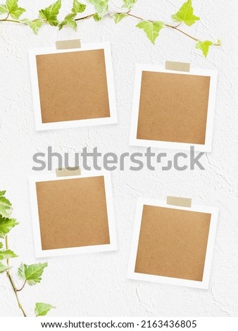Template with ivy leaf decoration and photo on white wall