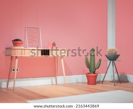 interior with modern vintage 60th style wooden furniture with rounded corners decorated with cactuses