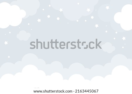 Vector hand drawn childish 3d wallpaper with clouds. Aerial white clouds, stars and dots on a blue background. Lovely wallpaper for the kids room.