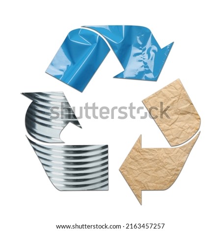 Recycling symbol made of turquoise stretch wrap, tin can and old parchment paper on white background