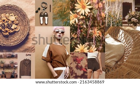 Set of trendy aesthetic photo collages. Minimalistic images of one top color. Country style mood boards