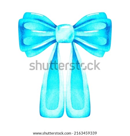 A blue ribbon bow. Japanese style. Watercolor illustration. Isolated on a white background. For your design greeting cards, gift wrapping, promotions.