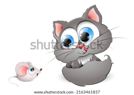 Grey cat lick his lips and looking on the cute little scared mouse