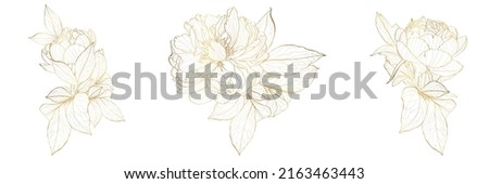 Decorative golden peony flowers, design elements. Can be used for cards, invitations, banners, posters, print design. Golden floral background in line art style.
