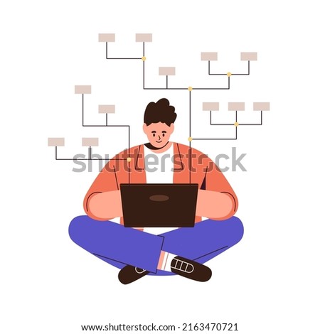 Data analysis, organizing structure of database concept. Man analyst building block scheme, developing arranged logic system, flowchart at laptop. Flat vector illustration isolated on white background Royalty-Free Stock Photo #2163470721