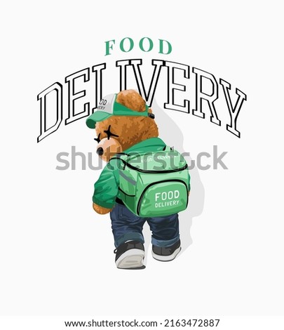 food delivery slogan with bear doll in food delivery uniform vector illustration