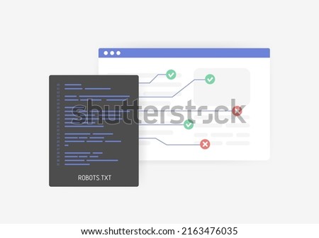 Robots.txt for SEO - controlling crawling and indexing website concept. Create crawlable web pages for search engine robots vector illustration.  Royalty-Free Stock Photo #2163476035
