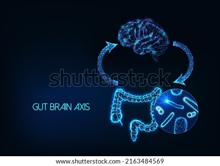 Futuristic gut brain axis, microbiome and mood connection concept with intestine, brain, gut flora