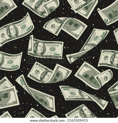 Money seamless pattern with one hundred US dollar bills on a dark background. Falling, folded, twisted, flying dollar banknotes. Detailed vector illustration. Royalty-Free Stock Photo #2163509415