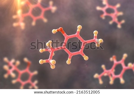 Thymol molecule, 3D illustration. Naturally occurring organic compound found in the thyme oil, has antiseptic properties