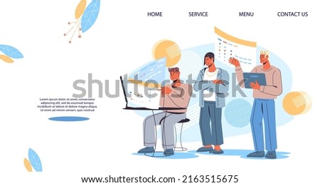 Web site or template of the target page for managing projects and business, the workflow and financial consulting, flat vector illustration. Web banner for advertising a company on the network.