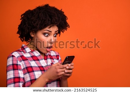 Photo of surprise lady read social network comment feedback use gadget isolated vibrant color background