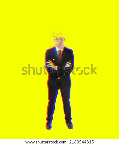 Humanity and ai. Young business man with hologram instead face on yellow background. Contemporary art collage and modern design. Concept of idea, inspiration, creativity and art. Minimalism