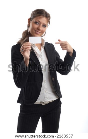 Great looking blond business woman shot in studio - giving businesscard