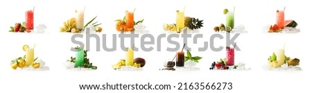 Well decorated iced fruit drink collection on white isolated background. Royalty-Free Stock Photo #2163566273