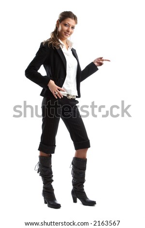 Great looking blond business woman shot in studio - pointing